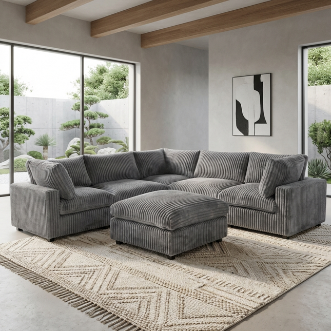 Solenza Palatina | 118" Cloud Modular V-Shaped Corner Sectional + Ottoman | Washable Plush Fabric