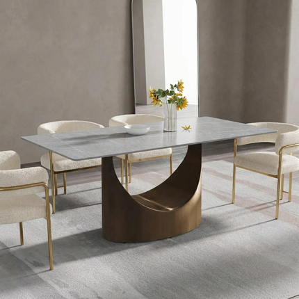 Eclipse Modern 70" Gray Dining Table – Rectangular with Dark Gold Base, Seats 4–6 People