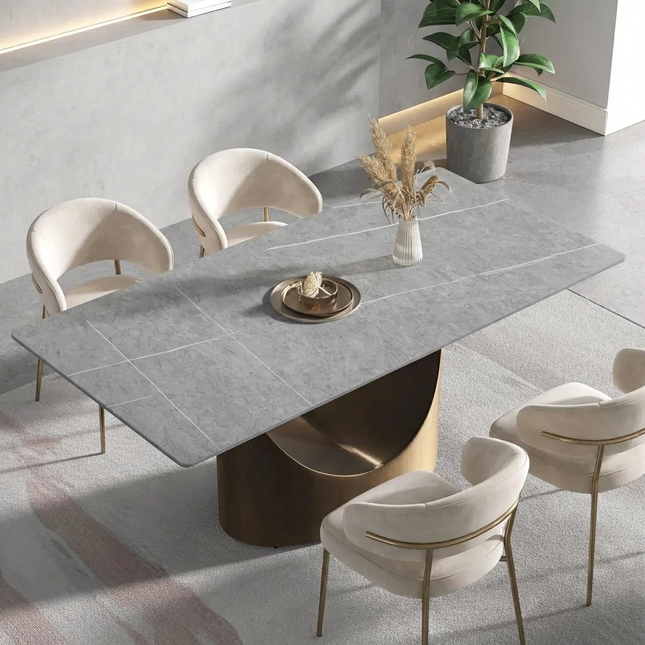 Eclipse Modern 70" Gray Dining Table – Rectangular with Dark Gold Base, Seats 4–6 People