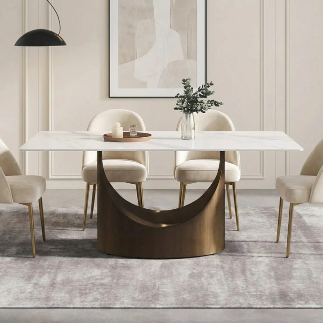 Eclipse Modern 70" White Dining Table – Rectangular with Dark-Gold Base, Seats 4–6 People
