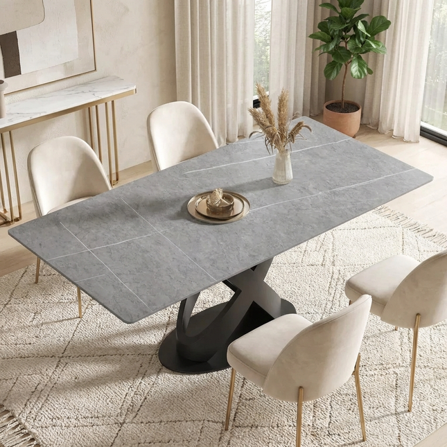 Calvara Atlas Elegant Dining Tables | 70" Rectangular Gray with Velvet Black Base for 6