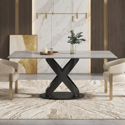 Calvara Atlas Elegant Dining Tables | 70" Rectangular Gray with Velvet Black Base for 6