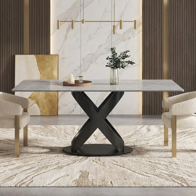 Calvara Atlas Elegant Dining Tables | 70" Rectangular Gray with Velvet Black Base for 6