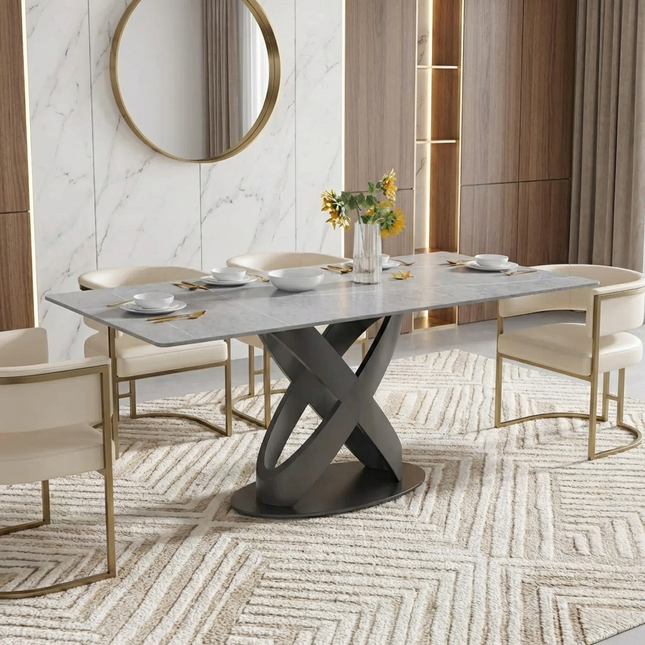 Calvara Atlas Elegant Dining Tables | 70" Rectangular Gray with Velvet Black Base for 6