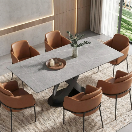 Calvara Atlas Elegant Dining Tables | 70" Rectangular Gray with Velvet Black Base for 6