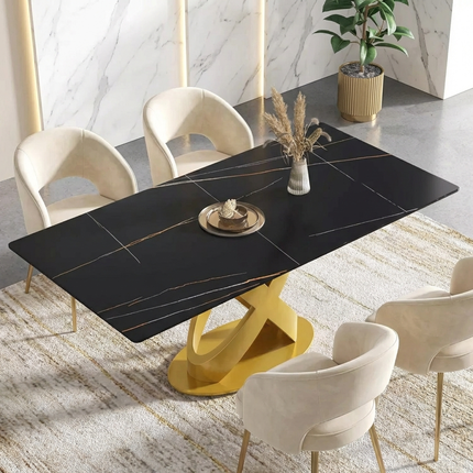 Calvara Atlas Elegant Dining Tables | 70" Rectangular Black with Luxe Gold Base for 6