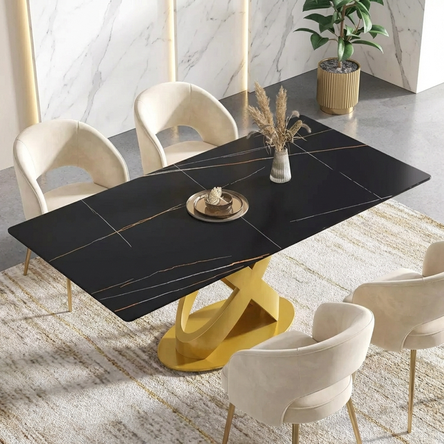 Calvara Atlas Elegant Dining Tables | 70" Rectangular Black with Luxe Gold Base for 6