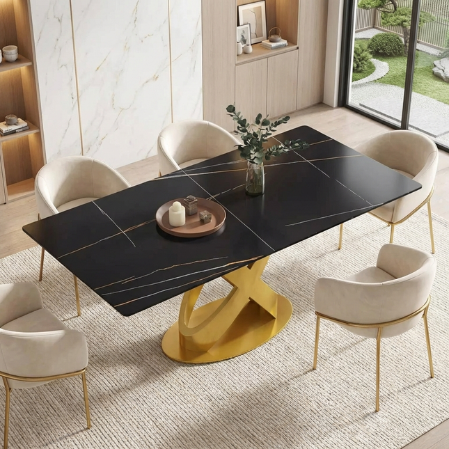 Calvara Atlas Elegant Dining Tables | 70" Rectangular Black with Luxe Gold Base for 6