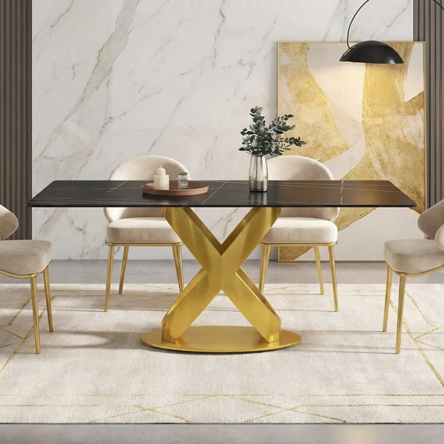 Calvara Atlas Elegant Dining Tables | 70" Rectangular Black with Luxe Gold Base for 6