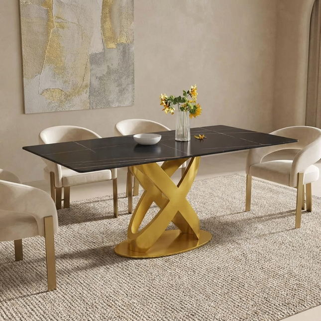 Calvara Atlas Elegant Dining Tables | 70" Rectangular Black with Luxe Gold Base for 6