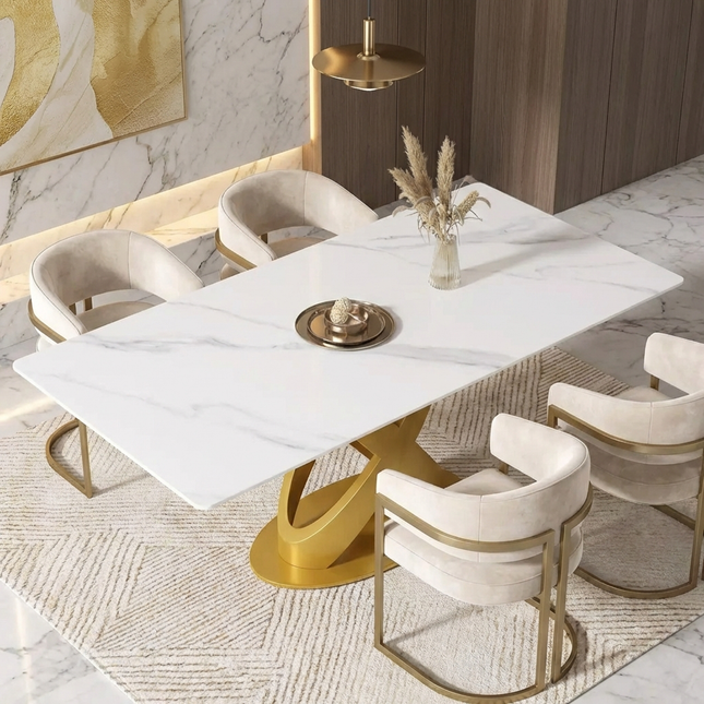 Calvara Atlas Elegant Dining Tables | 70" Rectangular White with Luxe Gold Base for 6