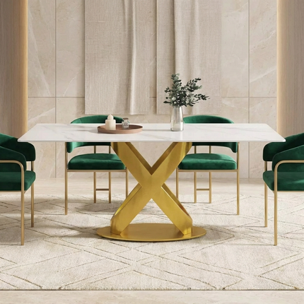Calvara Atlas Elegant Dining Tables | 70" Rectangular White with Luxe Gold Base for 6