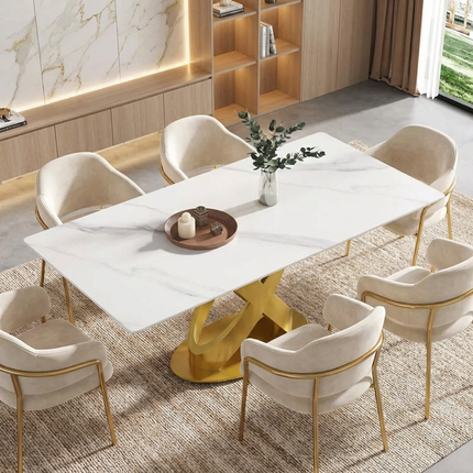 Calvara Atlas Elegant Dining Tables | 70" Rectangular White with Luxe Gold Base for 6