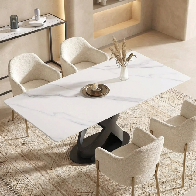 Calvara Atlas Elegant Dining Tables | 70" Rectangular White with Velvet Black Base for 6