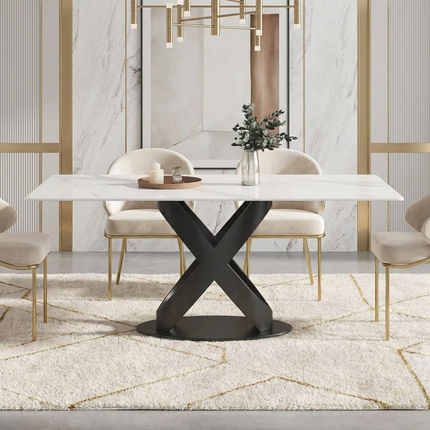 Calvara Atlas Elegant Dining Tables | 70" Rectangular White with Velvet Black Base for 6