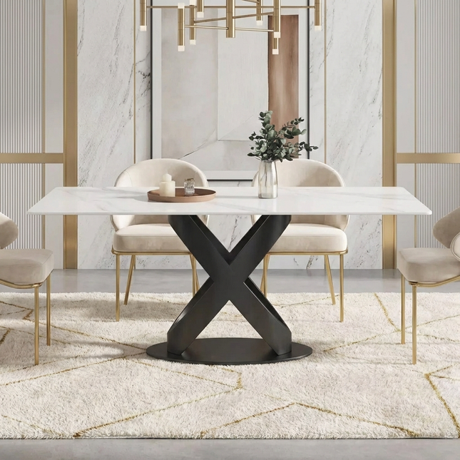 Calvara Atlas Elegant Dining Tables | 70" Rectangular White with Velvet Black Base for 6