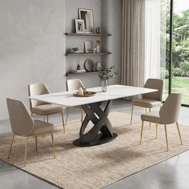 Calvara Atlas Elegant Dining Tables | 70" Rectangular White with Velvet Black Base for 6
