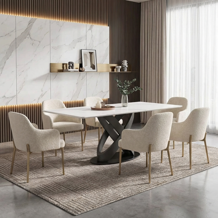 Calvara Atlas Elegant Dining Tables | 70" Rectangular White with Velvet Black Base for 6