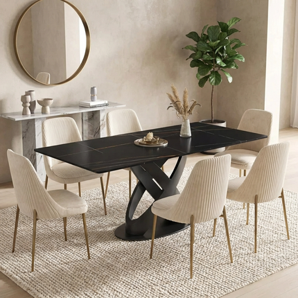 Calvara Atlas Elegant Dining Tables | 70" Rectangular Black with Velvet Black Base for 6