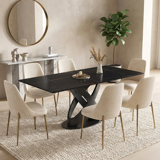 Calvara Atlas Elegant Dining Tables | 70" Rectangular Black with Velvet Black Base for 6