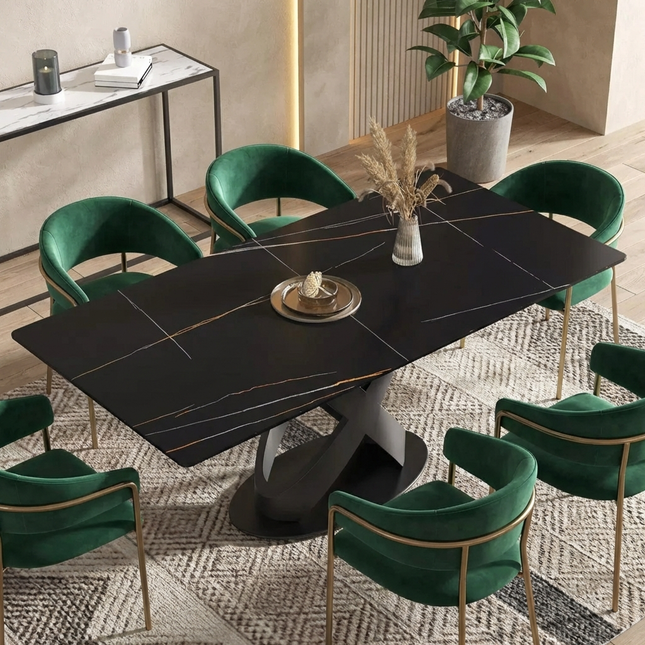 Calvara Atlas Elegant Dining Tables | 70" Rectangular Black with Velvet Black Base for 6