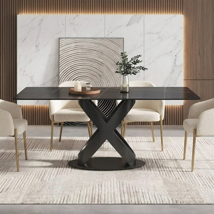 Calvara Atlas Elegant Dining Tables | 70" Rectangular Black with Velvet Black Base for 6