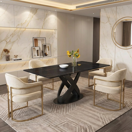 Calvara Atlas Elegant Dining Tables | 70" Rectangular Black with Velvet Black Base for 6