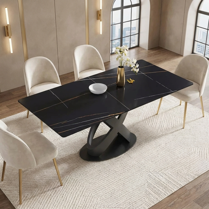 Calvara Atlas Elegant Dining Tables | 70" Rectangular Black with Velvet Black Base for 6