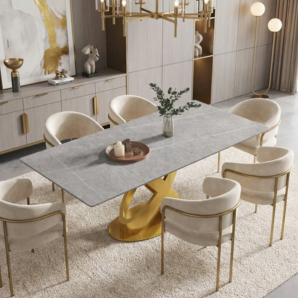 Calvara Atlas Elegant Dining Tables | 70" Rectangular Gray with Luxe Gold Base for 6