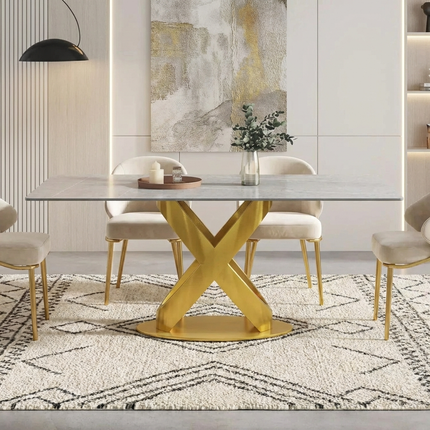 Calvara Atlas Elegant Dining Tables | 70" Rectangular Gray with Luxe Gold Base for 6