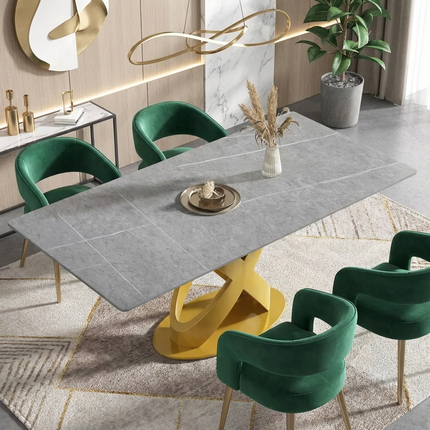 Calvara Atlas Elegant Dining Tables | 70" Rectangular Gray with Luxe Gold Base for 6