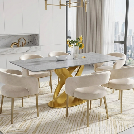 Calvara Atlas Elegant Dining Tables | 70" Rectangular Gray with Luxe Gold Base for 6