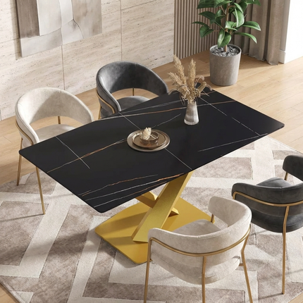 Marbela Dining Table | 63" Rectangular Black Dining Table | Gold Metal Base – Elegant & Timeless Look