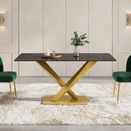 Marbela Dining Table | 63" Rectangular Black Dining Table | Gold Metal Base – Elegant & Timeless Look