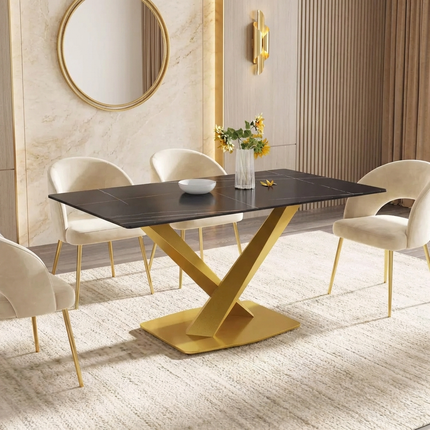 Marbela Dining Table | 63" Rectangular Black Dining Table | Gold Metal Base – Elegant & Timeless Look