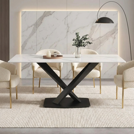 Marbela Dining Table | 70" Rectangular White Marble Dining Table | Black Metal Base – Seats 6, Modern Luxury Design