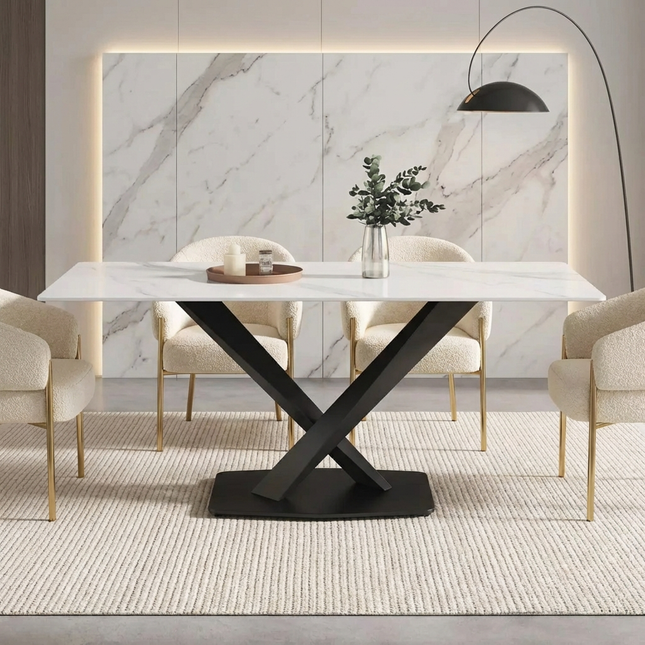 Marbela Dining Table | 70" Rectangular White Marble Dining Table | Black Metal Base – Seats 6, Modern Luxury Design