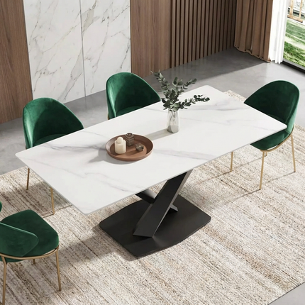 Marbela Dining Table | 70" Rectangular White Marble Dining Table | Black Metal Base – Seats 6, Modern Luxury Design