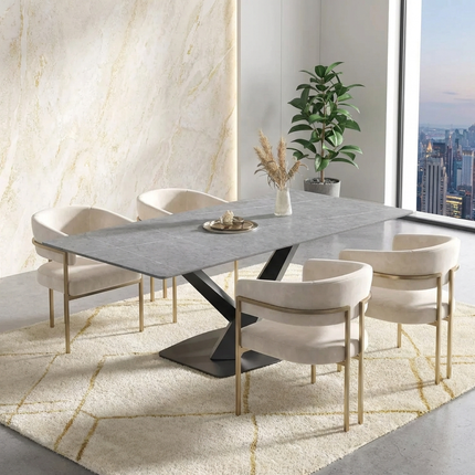 Marbela Atlas Dining Table | 70" Rectangular Gray Stone Dining Table | Jet Black Base – 6-Seater Contemporary Style