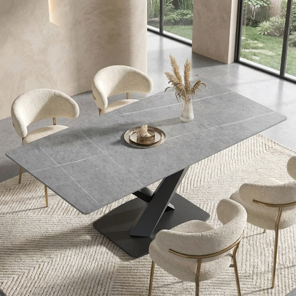 Marbela Atlas Dining Table | 70" Rectangular Gray Stone Dining Table | Jet Black Base – 6-Seater Contemporary Style