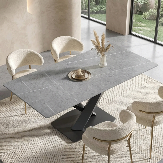 Marbela Atlas Dining Table | 70" Rectangular Gray Stone Dining Table | Jet Black Base – 6-Seater Contemporary Style