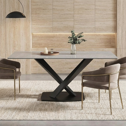 Marbela Atlas Dining Table | 70" Rectangular Gray Stone Dining Table | Jet Black Base – 6-Seater Contemporary Style