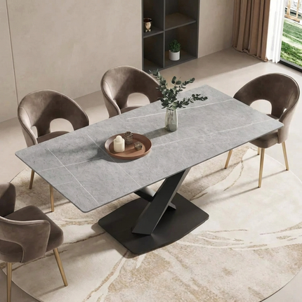 Marbela Atlas Dining Table | 70" Rectangular Gray Stone Dining Table | Jet Black Base – 6-Seater Contemporary Style