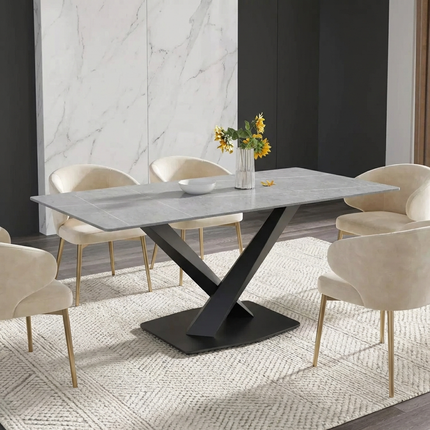 Marbela Atlas Dining Table | 70" Rectangular Gray Stone Dining Table | Jet Black Base – 6-Seater Contemporary Style