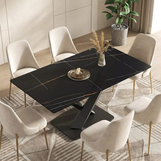 Marbela Dining Table | 63" Rectangular Black Marble Dining Table | Jet Black Base – Compact & Sleek Modern Design