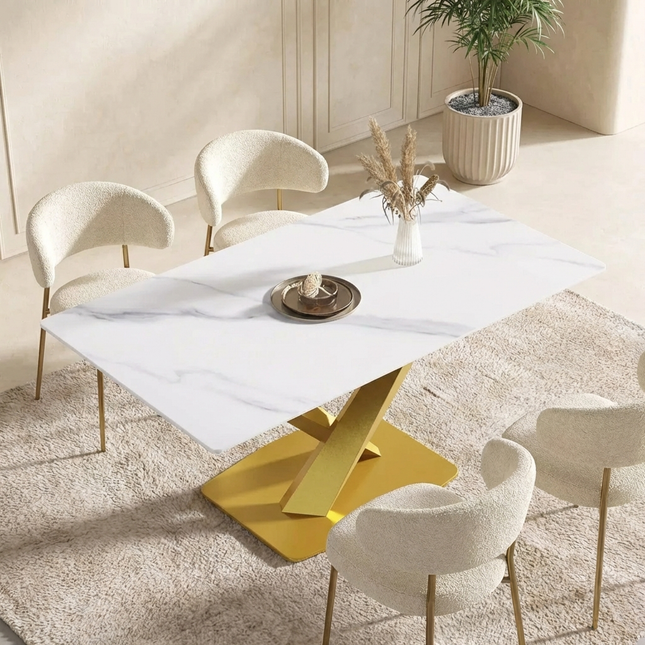Marbela Dining Table | 63" Rectangular White Dining Table | Gold Metal Base – Elegant & Timeless Look
