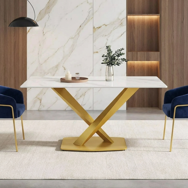 Marbela Dining Table | 63" Rectangular White Dining Table | Gold Metal Base – Elegant & Timeless Look
