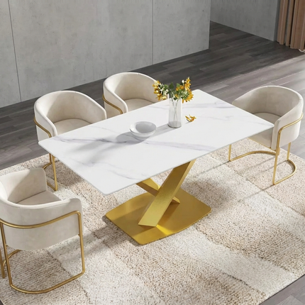 Marbela Dining Table | 63" Rectangular White Dining Table | Gold Metal Base – Elegant & Timeless Look