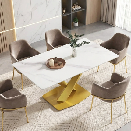Marbela Dining Table | 63" Rectangular White Dining Table | Gold Metal Base – Elegant & Timeless Look