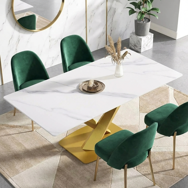 Marbela Dining Table | 70" Rectangular White Marble Dining Table | Gold Base – Seats 6, Classic Modern Design